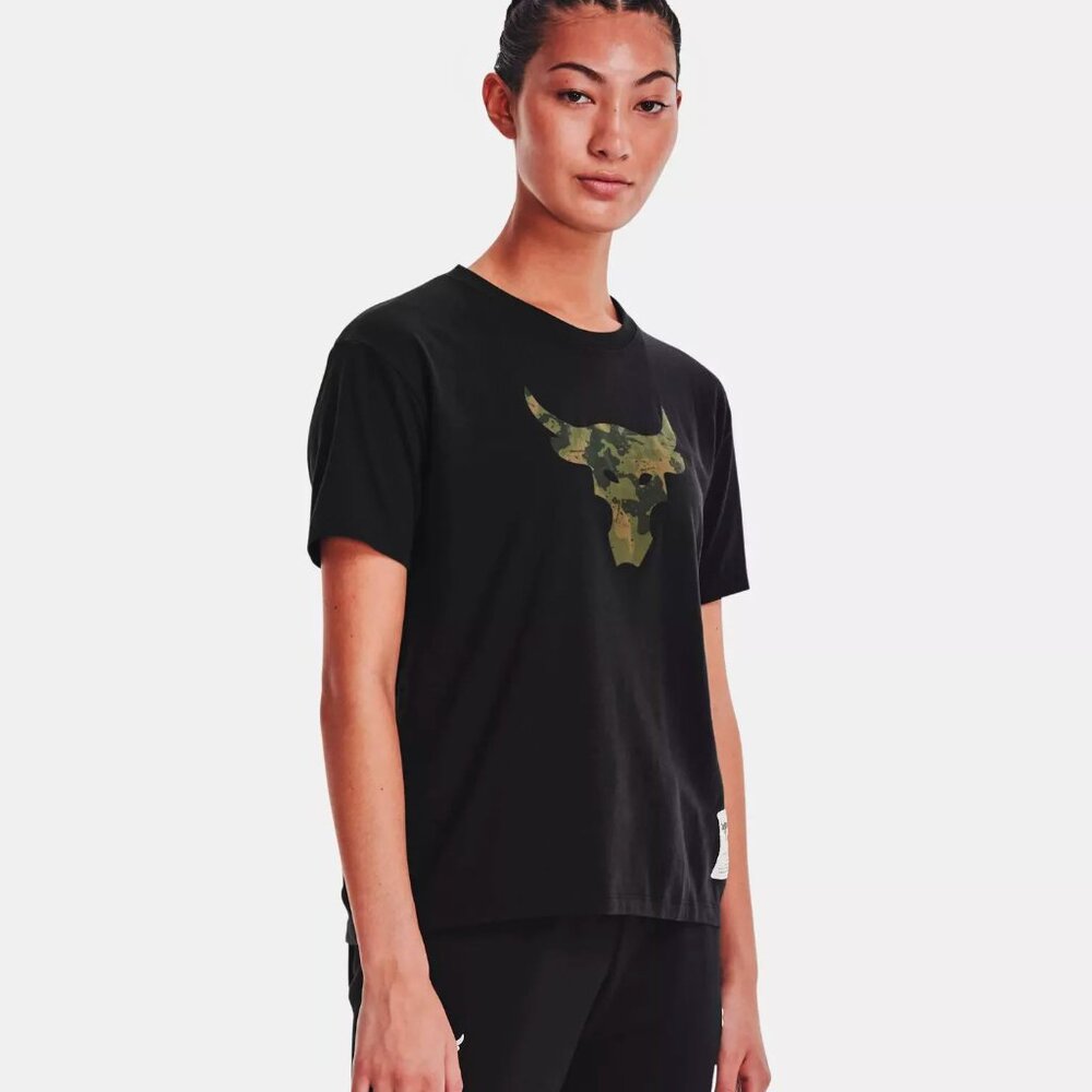 Under Armour Women's Project Rock Bull Short Sleeve 1370973-001 Black / Drab NWT